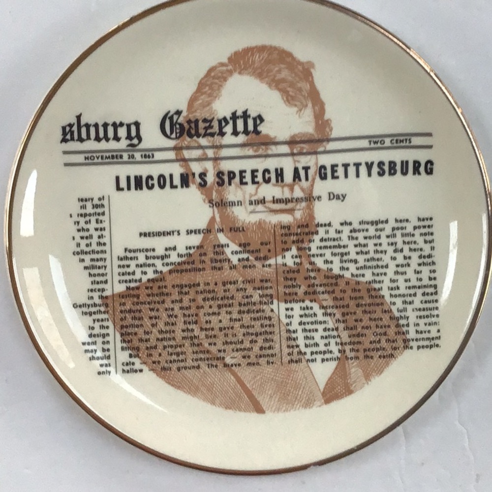 Abraham Lincoln Gettysburg Address Gold Metallic Rim Decorative Plate‎